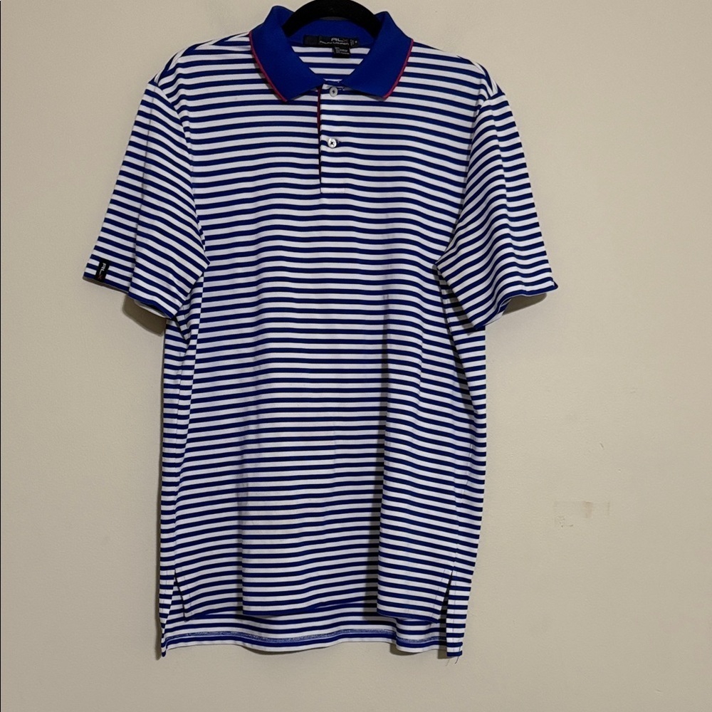 RLX Ralf Lauren Blue White Striped Polo Shirt casual men M office vacation soft